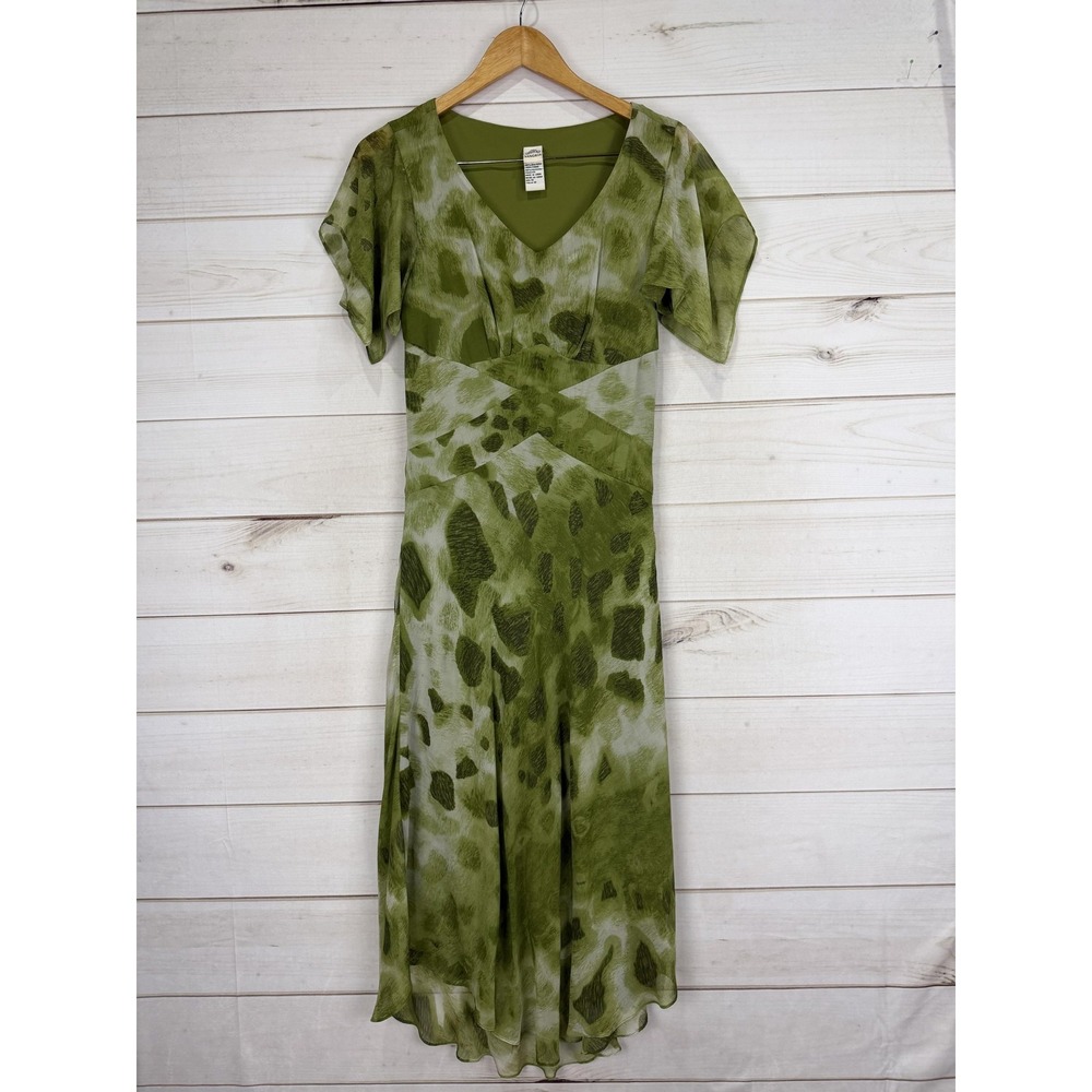 Sangria Dress Womens 10 Green Animal Print Silk Maxi Flutter Sleeve V Neck